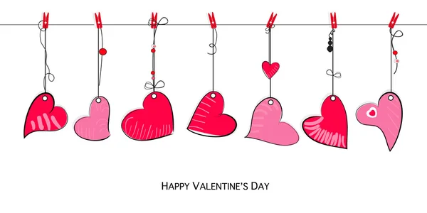 Feliz cartão de Dia dos Namorados com doodle pendurado Amor Valentine corações vetor fundo — Vetor de Stock