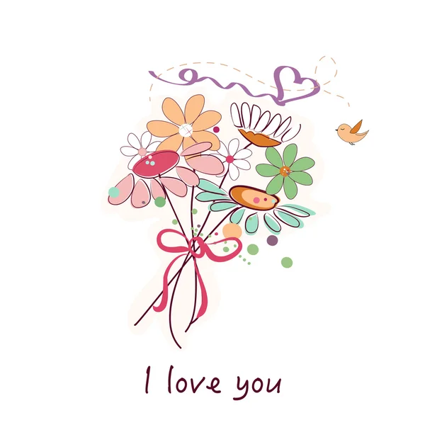 Flores de primavera y ramo de flores de margarita con te amo vector de texto — Vector de stock