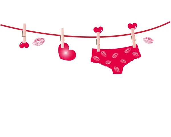 Zavěšené červené spodní prádlo s rty a srdce pro Valentýna — Stockový vektor