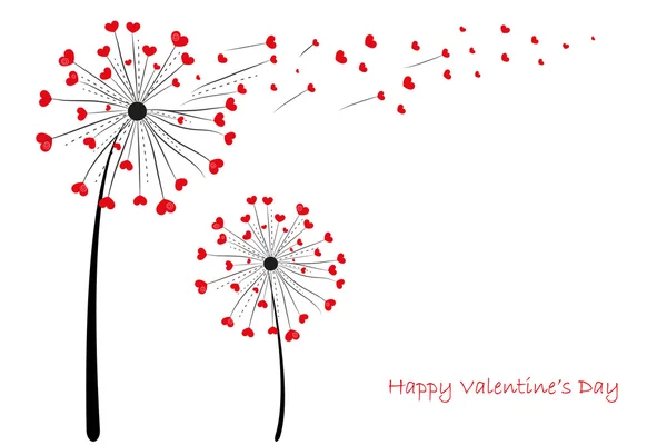 Feliz Día de San Valentín Amor diente de león con corazones rojos tarjeta de felicitación vector — Archivo Imágenes Vectoriales