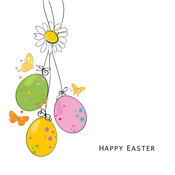 Mutlu Paskalya renkli yumurta, daisy ve kelebek tebrik kartı vektör arka plan — Stok Vektör