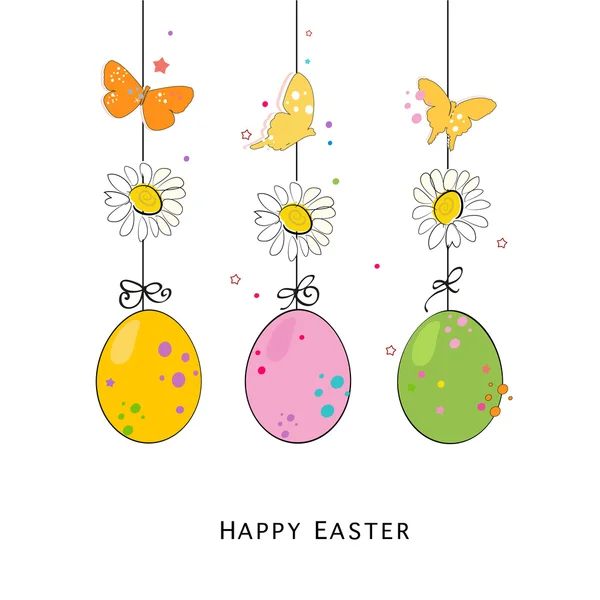 Buona Pasqua uova colorate, margherita e farfalla biglietto di auguri vettoriale — Vettoriale Stock