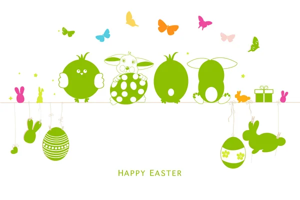 Felice Pasqua uova silhouette, coniglietto, pulcino biglietto di auguri vettore sfondo — Vettoriale Stock