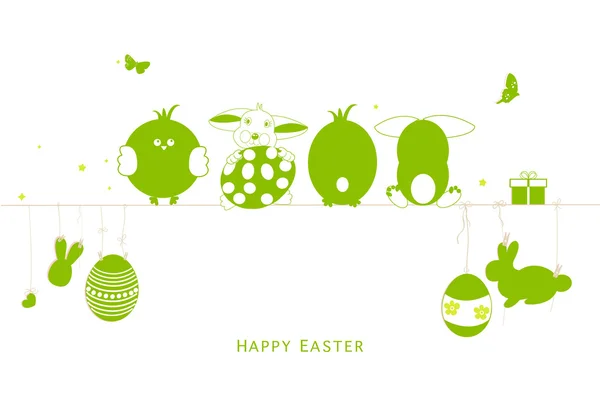 Felice Pasqua uova silhouette, coniglietto, pulcino biglietto di auguri vettore — Vettoriale Stock