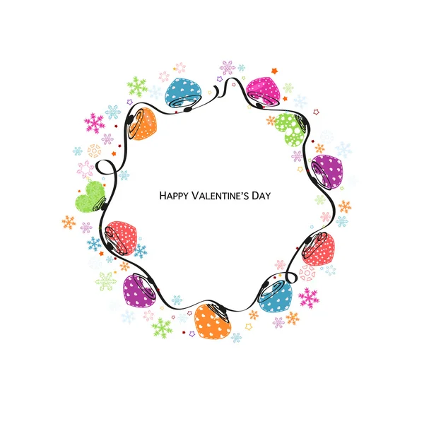 Kreis Valentinstag bunte Herzen Vektor und Schneeflocken Grußkarte Hintergrund — Stockvektor