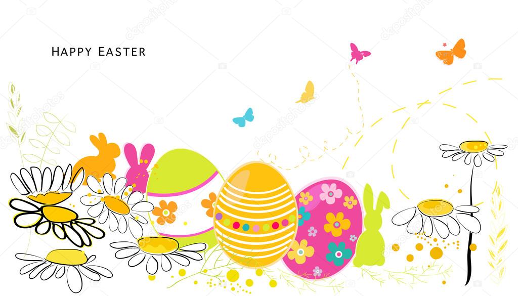 Daisy spring flowers and Happy Easter greeting card vector background