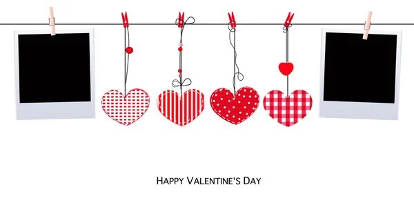 Happy Valentijnsdag kaart met hangende Love Valentines harten en lege foto vector achtergrond — Stockvector