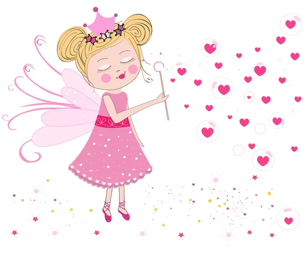 Linda hada sopla burbujas de jabón. Burbujas de globos cardíacos. Día de San Valentín tarjeta de felicitación vector — Archivo Imágenes Vectoriales