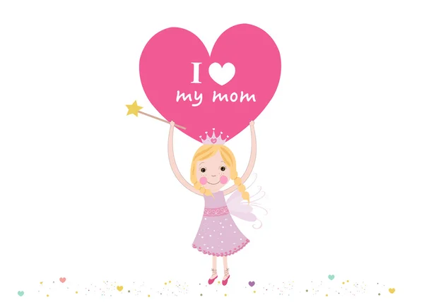 Ich liebe meine Mutter schreiben Fee hält Herz, Muttertag Grußkarte Vektor — Stockvektor