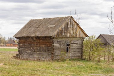 Ağaçların arasında terk edilmiş eski ahşap bir ev. Kırsal ilkbahar manzarası.