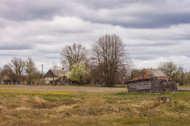 Kuru sarı çimenli çayır, köyde eski ahşap evler ve kasvetli bir günde bulutlu gökyüzü. İlkbaharda kırsal alan.