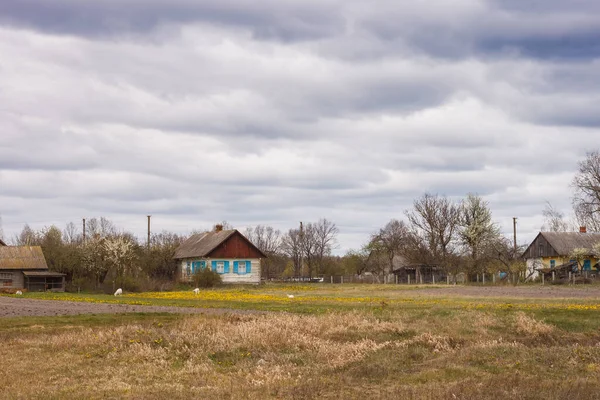 Pradera Con Hierba Amarillenta Seca Viejas Casas Madera Pueblo Cielo — Foto de Stock