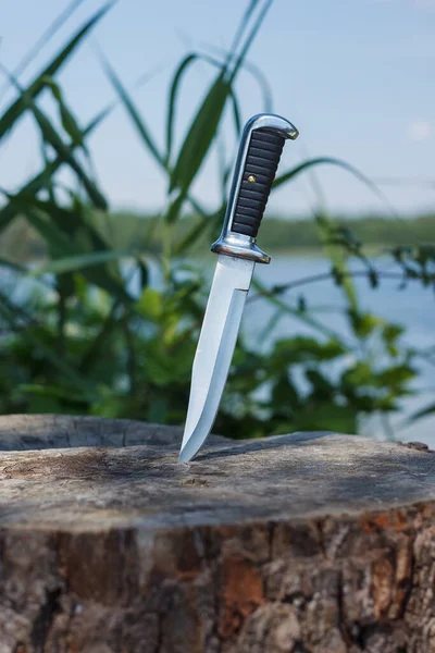 Coltello Caccia Incastrato Ceppo Uno Sfondo Verde — Foto Stock