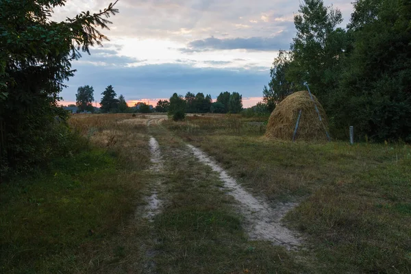 Сільський Пейзаж Заходом Сонця Дорогою Сіном Вечірній — стокове фото