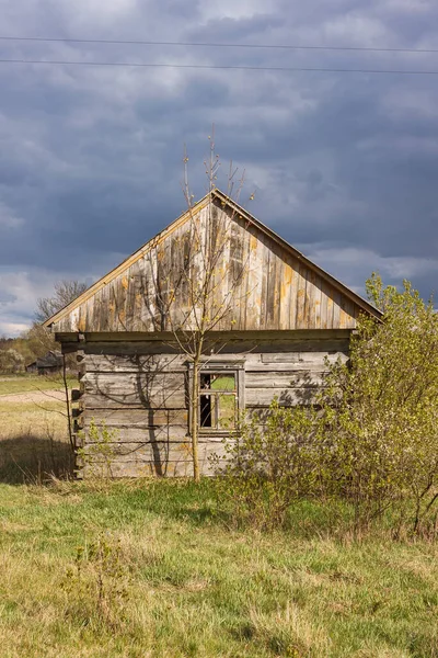 Εγκαταλελειμμένο Παλιό Ξύλινο Σπίτι Ανάμεσα Στα Δέντρα Αγροτικό Τοπίο Πηγής — Φωτογραφία Αρχείου