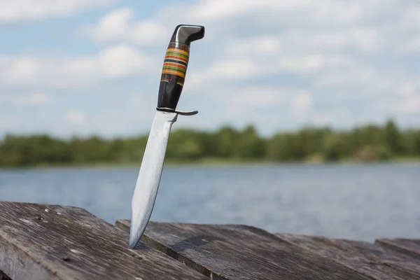 Cuchillo Caza Atascado Las Tablas Fondo Del Lago — Foto de Stock