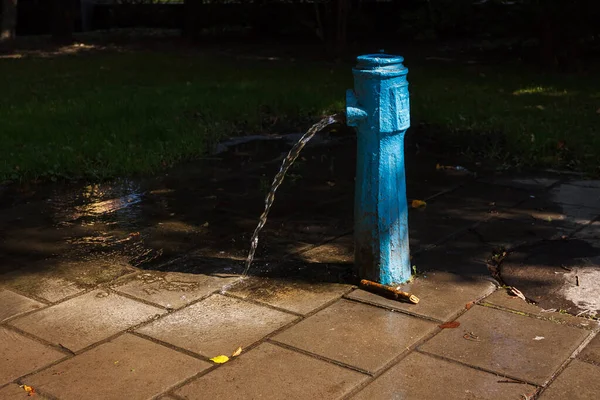 Bruten Gammal Drickspalt Parken Stark Ström Vatten Från Pumpkolonnen — Stockfoto