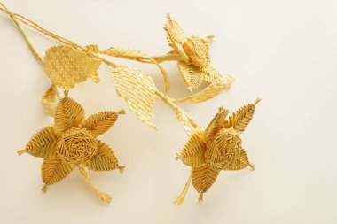 Beyaz arka planda üç çiçek samandan yapılır.. 