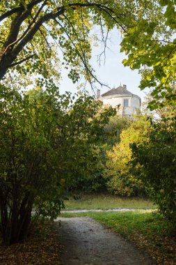 Lviv bölgesinde bir kale. Rönesans Kalesi bitkiler tarafından çerçevelenir