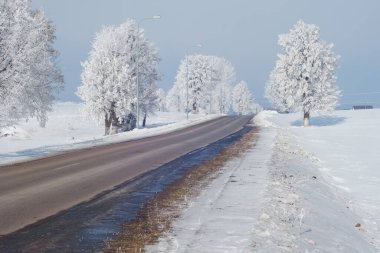 Kış yolu. Ağaçlarda buz var. Peyzaj.