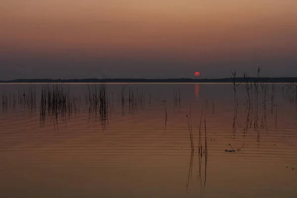 Закат Озере Вечернее Небо Красивыми Облаками Отражается Воде Озера — стоковое фото