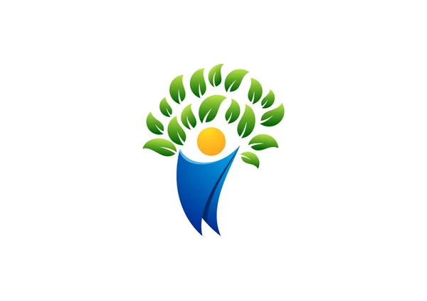 Pessoas árvore de saúde logotipo, pessoas de árvore conceito de bem-estar ícone vetor design —  Vetores de Stock