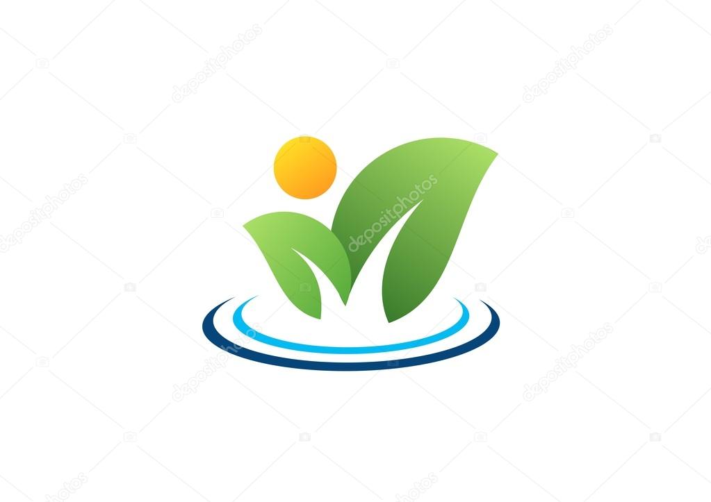 Nature ecology logotype, leaves plant water symbol, abstract wellness people icon design vector