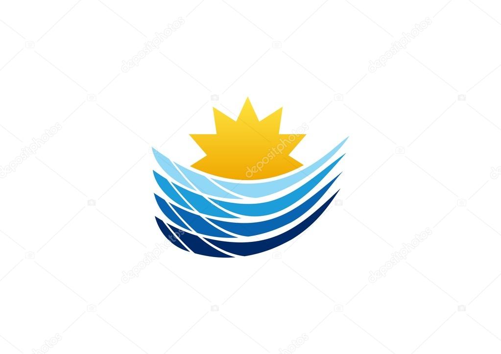 Sun waves logo, sunset on the sea symbol, ocean elements nature icon vector design