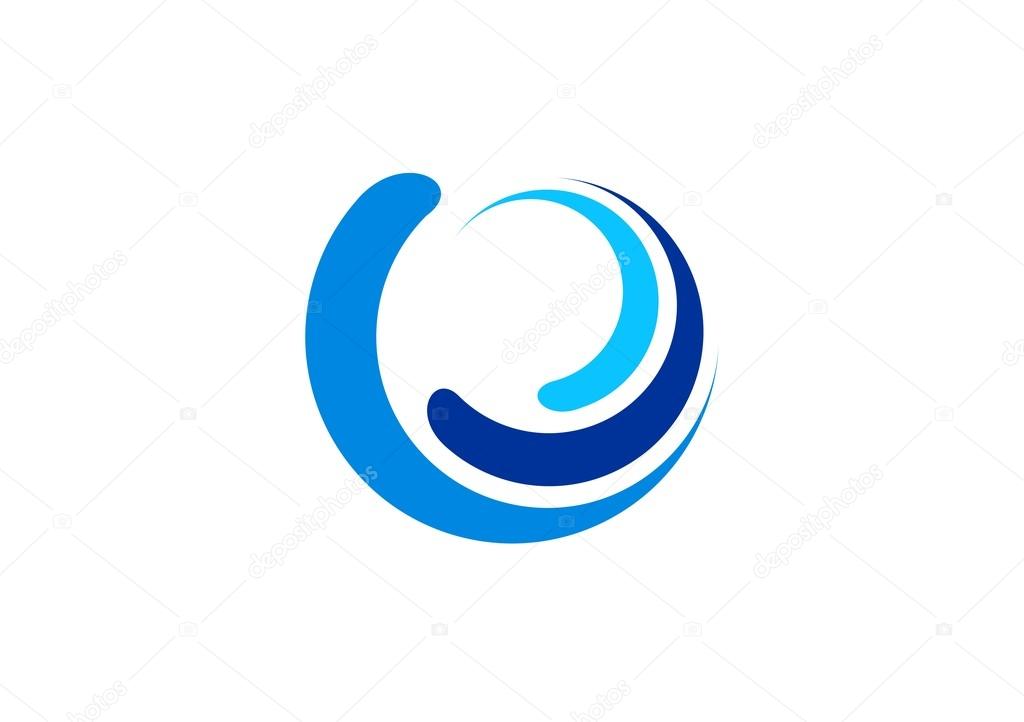 Circle waves logo, sphere blue splash water symbol, swirl wind icon vector design
