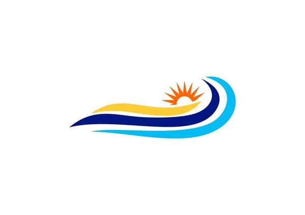 Logo de soleil de vague, symbole bleu de vagues de mer, conception vectorielle d'icône d'été — Image vectorielle