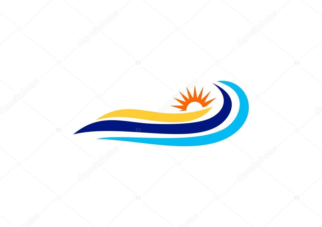 Waves and sun logo, blue sea wave symbol, summer icon vector design