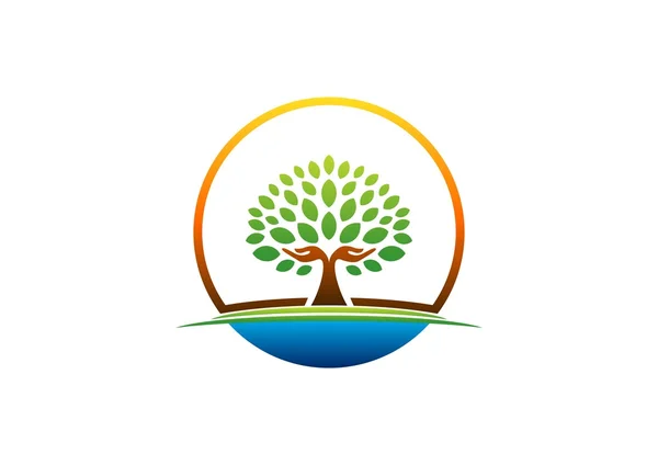 Logotipo del árbol de la mano, manos naturales círculo icono de bienestar, yoga cuidado de la salud símbolo vector de diseño — Vector de stock