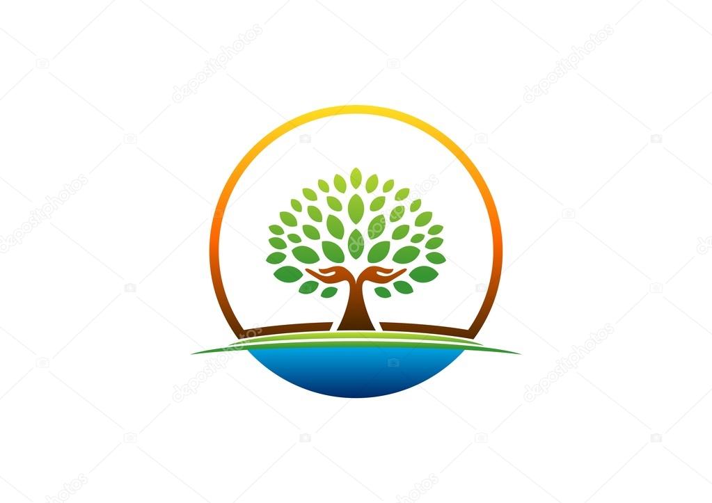 Hand tree logo, circle natural hands tree symbol, circle wellness icon, yoga health care vector design