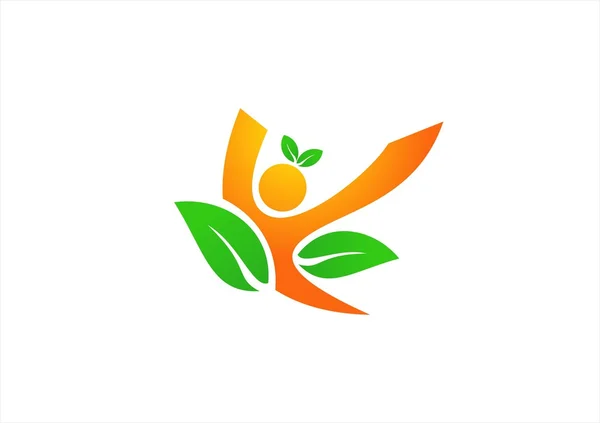 Pessoas de saúde e logotipo de nutrição de frutas, bem-estar e ilustração de vetor saudável, humano natural, pessoas pulando, pessoas ioga, aptidão de pessoas, pessoas de saúde, ecológico —  Vetores de Stock