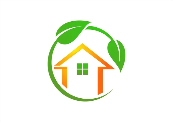 Cerchio, casa, logo, illustrazione, casa, verde, piante, simbolo, vettore, casa, ecologia, icona, design — Vettoriale Stock