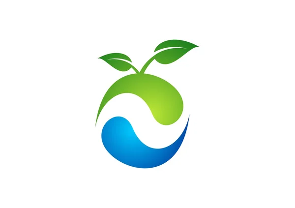 Ecología, naturaleza, planta, logotipo, manzana, agua, manantial, paisaje, círculo, gota — Vector de stock