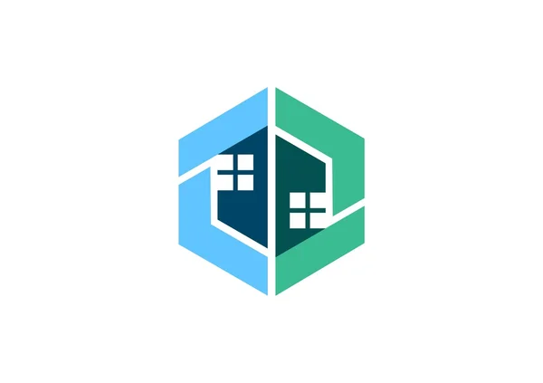 Недвижимость, финансы, дом, логотип, абстрактный современный куб, строительство, квартира, архитектура — стоковый вектор