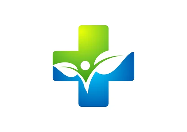Medicin hälsa ikon, cross anläggning logotyp, plus natur symbol, människor friska — Stock vektor