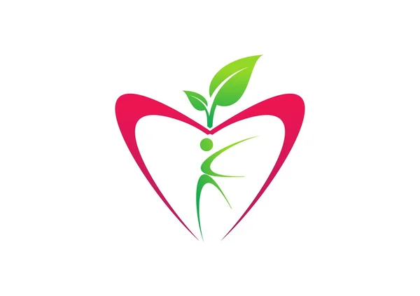 アップルロゴ栄養フルーツ ダイエット植物シンボル、人々 のウェルネス、フィットネス、自然健康 — ストックベクタ