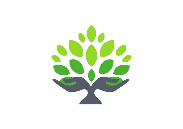 Tree hand logotyp, hand träd natur wellness hälsa symbolikon — Stock vektor