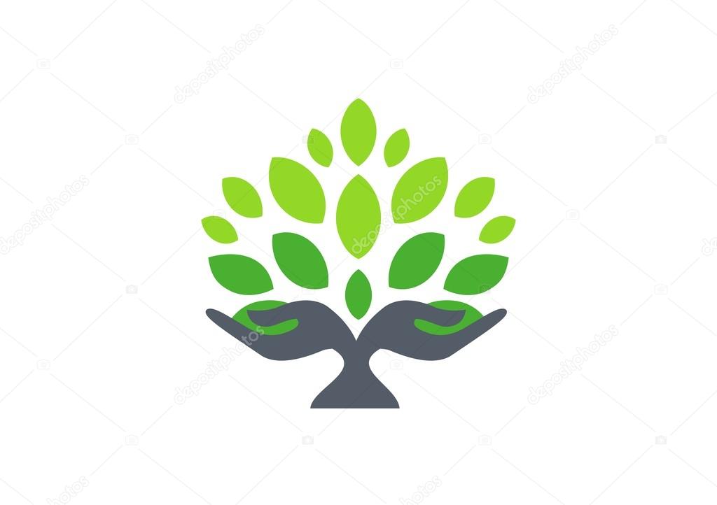 Tree hand logo, hand tree nature wellness health symbol icon design illustration vector