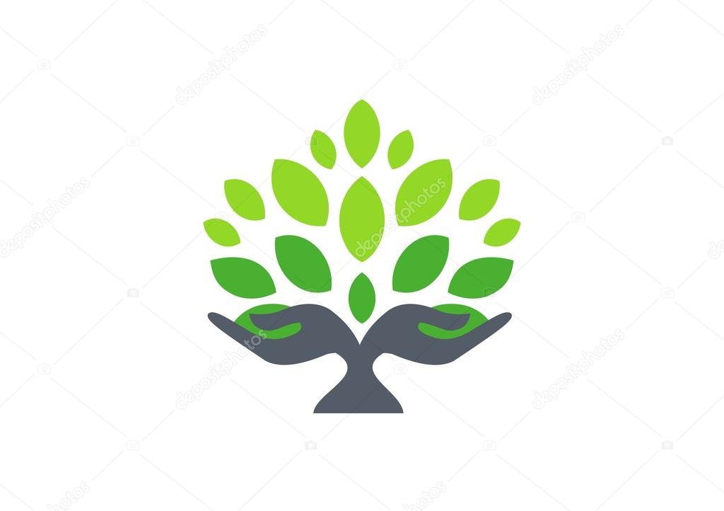 Tree hand logo, hand tree nature wellness health symbol icon