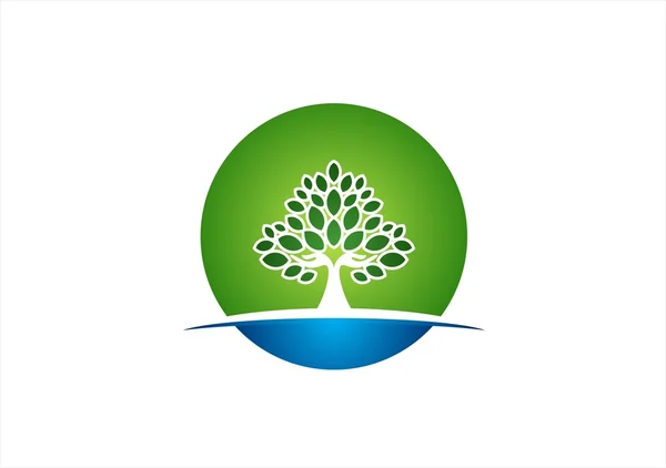 天然ツリー サークル ウェルネス ヨガ アイコン健康シンボル デザイン ベクターの手ロゴ — ストックベクタ