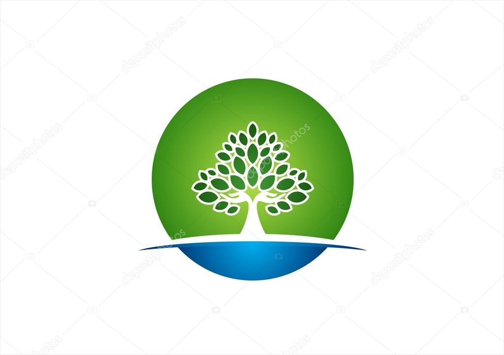 Natural hand tree logo circle wellness yoga icon health symbol design vector
