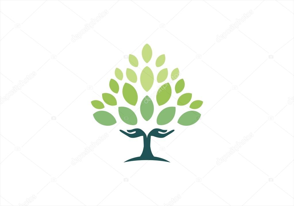 Tree hand natural logo,wellness yoga health symbol icon design vector