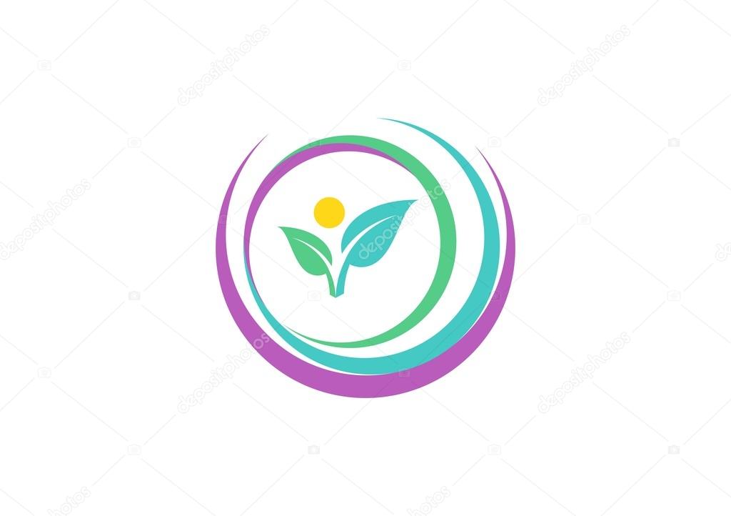 Circle natural concept logo, woman fit symbol, natural beautiful body spa logo,circle plant icon vector design