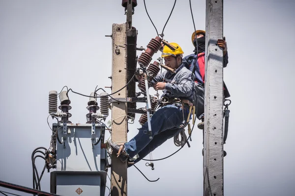 Electricistas trabajando juntos en el poste de electricidad — Foto de Stock