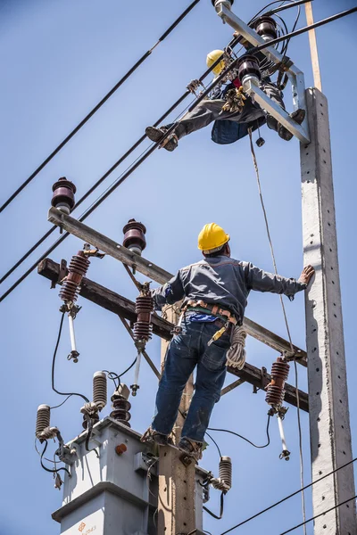 Elektrikçi elektrik direği üzerinde birlikte çalışma