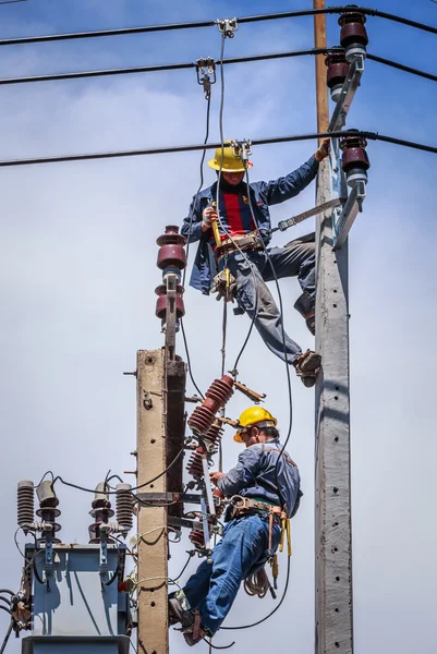 Elektriker arbeiten gemeinsam am Strommast — Stockfoto