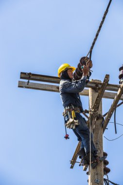 Elektrikçi elektrik direği üzerinde çalışma